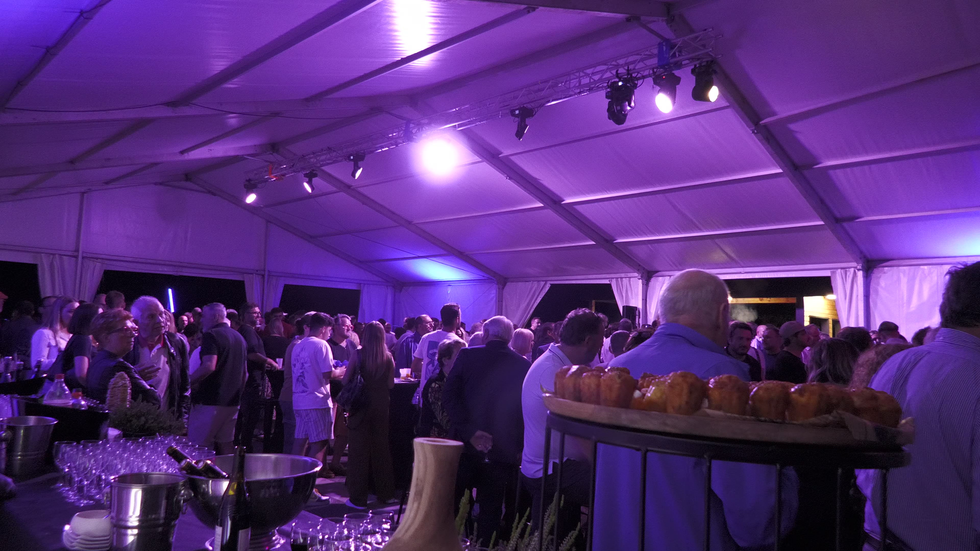Réception sous chapiteau — éclairage violet, cocktail, invités